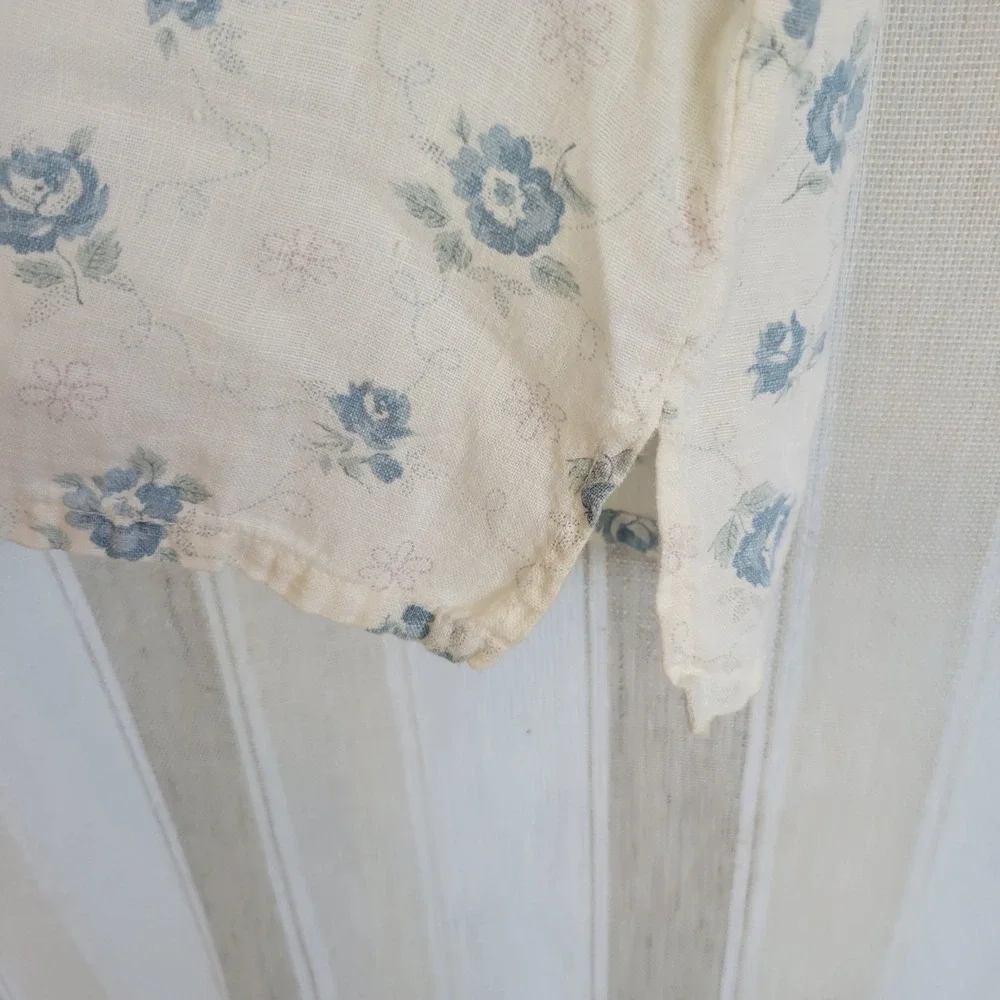 Vintage Bay Street Linen Blouse Top Floral White Blue Size Large Boxy Fit Boho - Picture 3 of 10